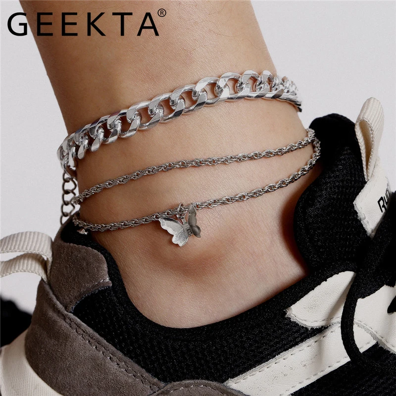 3Pcs Gold Color Cuban Anklets Set Butterfly Pendant Punk Miami Chunky Chain Ankle Bracelet Boho Jewelry for Women Gift 3Pcs Gold Color Cuban Anklets Set Butterfly Pendant Punk Miami Chunky Chain Ankle Bracelet Boho Jewelry for Women Gift