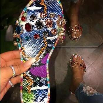 

Fashion sexy roman rhinestones outdoor Women beach slippers Comfortable snake pattern solid color plus size flat female slippers