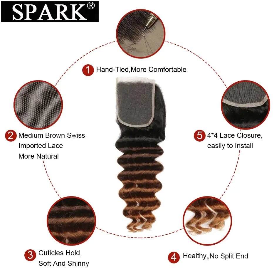 Spark перуанские волосы, человеческие волосы, Омбре, пряди с закрытием, свободные, глубокая волна, волосы с пряди, средний коэффициент, Remy человеческие волосы