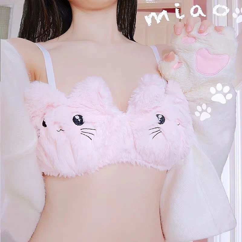 plus size underwear sets Japanese Kawaii Plush Women Bra Set Lovely Soft Student Lingerie Cute Cartoon Embroidery Cat Underwear Sexy No Steel Ring Set cute underwear sets