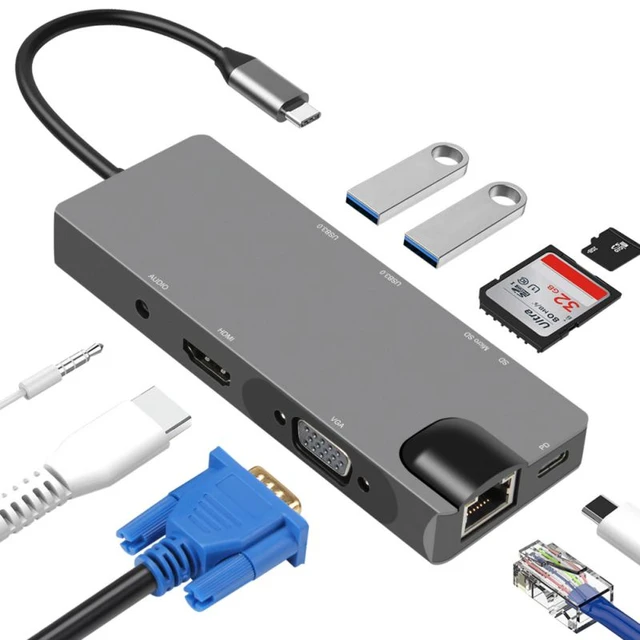 USB C Docking Station Type C HUB Adapter 10 in 1 Converter 4K HDMI-compatible  VGA USB 3.0 RJ45 Gigabit Ethernet For Macbook Pro - AliExpress