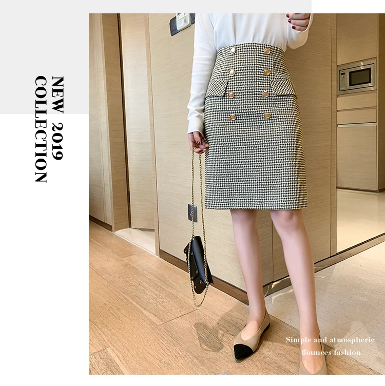 Woolen Double Breasted Skirt Winter Women Vintage Plaid High Waist Femininas Sheath Plaid Skirt