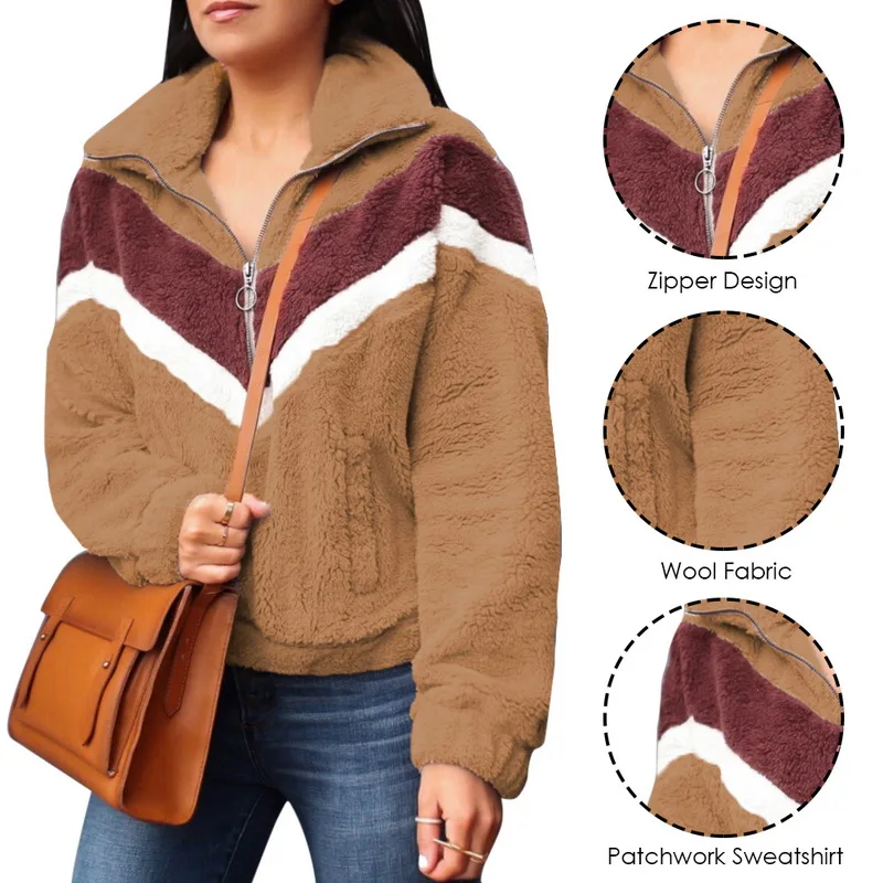 Sfit Autumn Winter Women Fashion Knitted Sweaters Long Sleeve Stitching Zipper Blouse Loose Pullover Tops Lightweight Sweaters