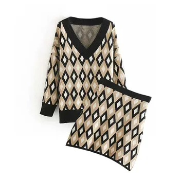 

Lozenge Print Women Sweater Suit Skirt Set Fall Winter V Neck Sweater Pullover + Skirt Female Mini Skirt Two Piece Women's Sets