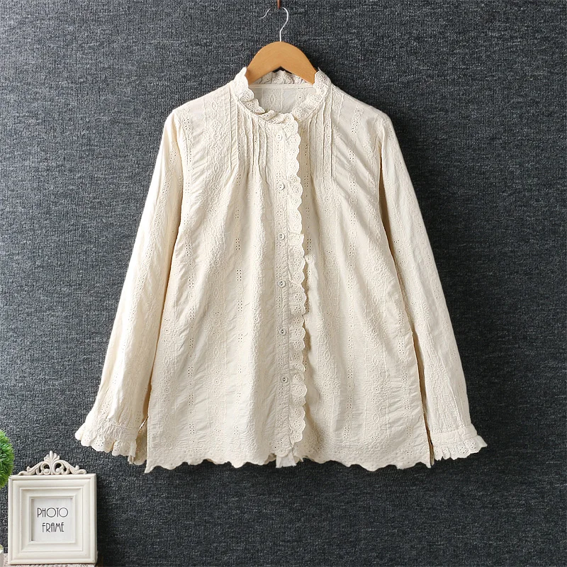

2019 Women Autumn Sweet Shirt Retro Mori Girl Lace Embroidery Stand Collar Shirt Cardigan Long Sleeve Blouse Women Casual Tops