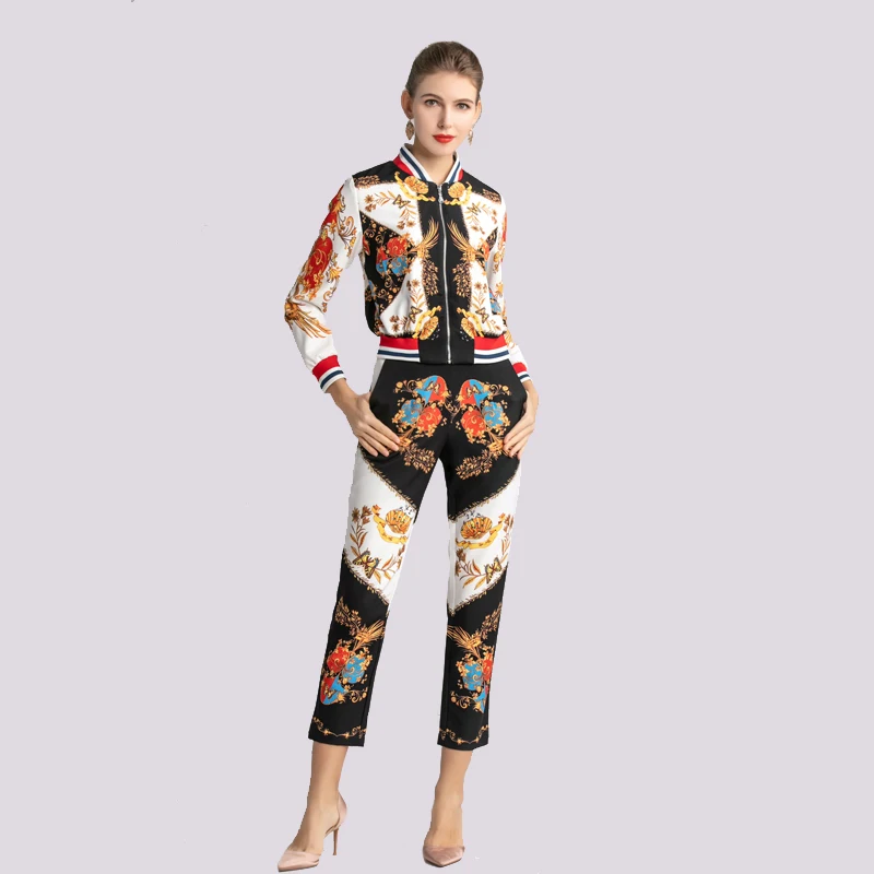 Designer Fashion Nieuwe Tweedelige Pak Vrouwen Vintage Print Lange Mouw Korte Jas + Negen broek Set Lady joggers Herfst twinset Designer Fashion Nieuwe Tweedelige Pak Vrouwen Vintage Print Lange Mouw Korte Jas + Negen broek Set Lady joggers Herfst twinset