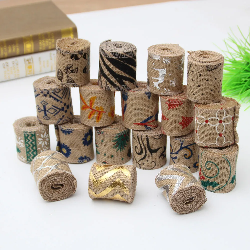 

2M/lot 6CM Natural Jute Burlap Printed Ribbon Linen Roll Sewing Fabric for DIY Clothing Hat Bag Home Decor Christmas Wedding Par