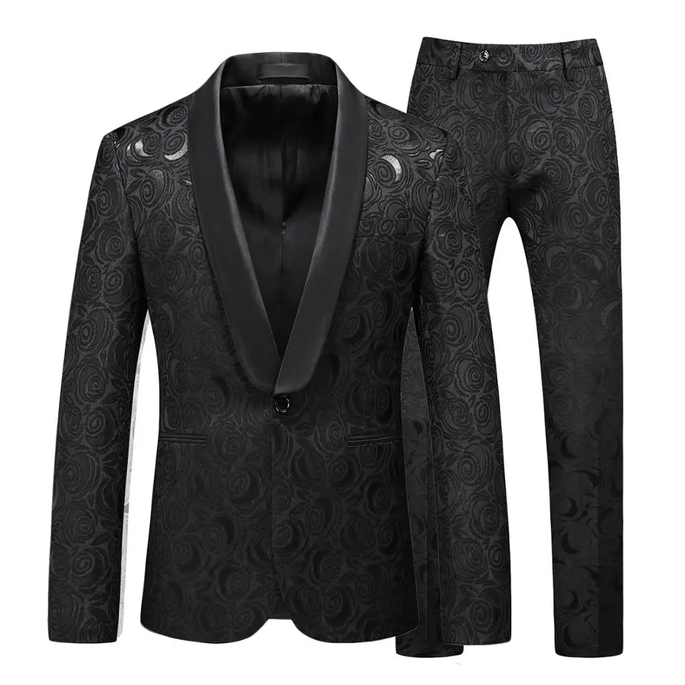 Man Suit Tuxedo Jacquard-Material White Pant Wedding-Clothing Floral Slimming Retro Black