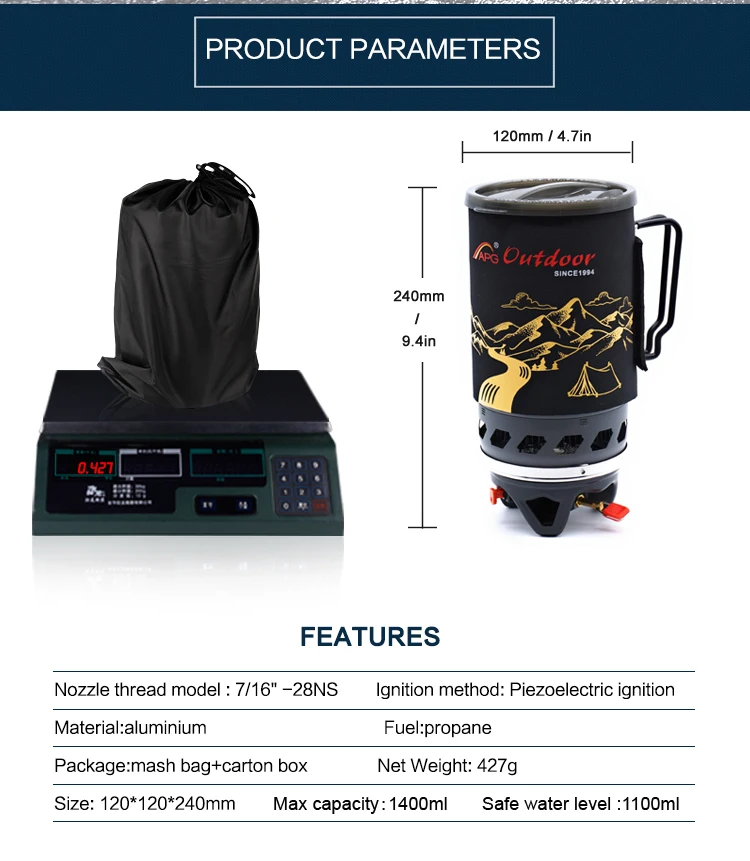 APG Portable 1400ml Cooking System Outdoor Hiking Camping Stove Heat Exchanger Pot Propane Gas Burn