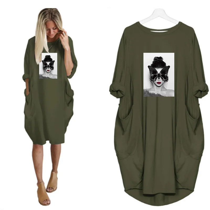 Plus Size Nordic Art Dress Butterfly Girl Cool Women Midi Dresses O-Neck Autumn Thin Long Sleeve Pockets Loose Party Vestidos