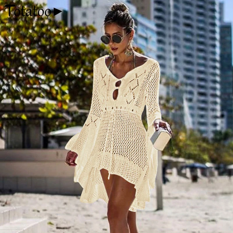 Totatoop Backless Sexy Knitted Dress Women 2021 Summer Long Sleeve Open Back See Through Beach Cover Mini Dress Femme Clubwear vintage clothing stores Dresses