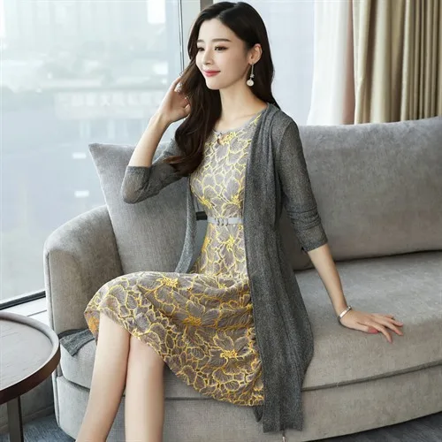 

2018 Spring High-waisted Pullover Mid-length Three-quarter-length Sleeve Set/Suit Skirt Slim Fit Slimming Elegant Cool Comfortab