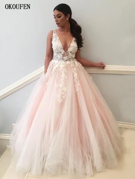 

Formal Long Prom Evening Dresses 2019 Ball Gown V-Neck Backless Light Pink Modest Autumn Special Occasion Wear Vestido de Fiesta