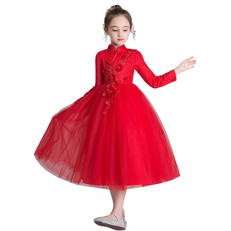 Коллекция года, зимнее платье с длинными рукавами в китайском стиле детские платья для девочек, одежда для девочек вечерние платья принцессы на свадьбу элегантное платье для детей возрастом от 4 до 14 лет