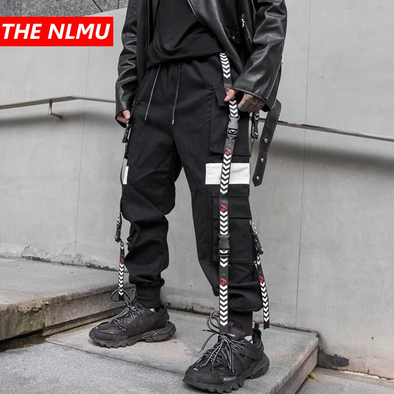 Ленты дизайн карго шаровары мужские повседневные Jogger уличная хип хоп брюки мужские Эластичный Талия черный джоггеры WG545