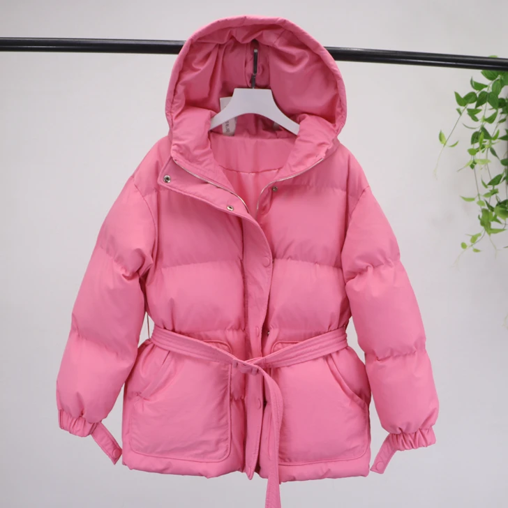 Осень-зима, Корейская Толстая теплая парка, пальто, женская мода, с поясом, Длинная толстовка, пуховик, хлопковая куртка, Женская Повседневная Свободная верхняя одежда, топы - Цвет: Water pink