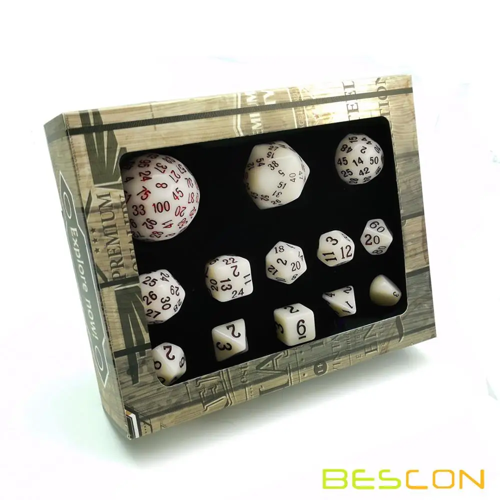 Bescon Super Glowing in Dark Complete Polyhedral RPG Dice Set 13pcs D3-D100, Luminous 100 Sides Dice set 3