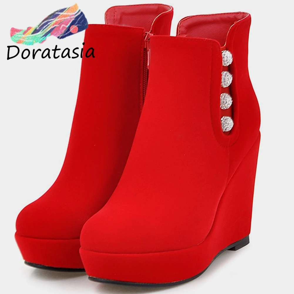

DORATASIA New Office Lady Cool High Wedges Zipper Boots Decorating Platform Ankle Boots Women 2020 High Heels Shoes Woman