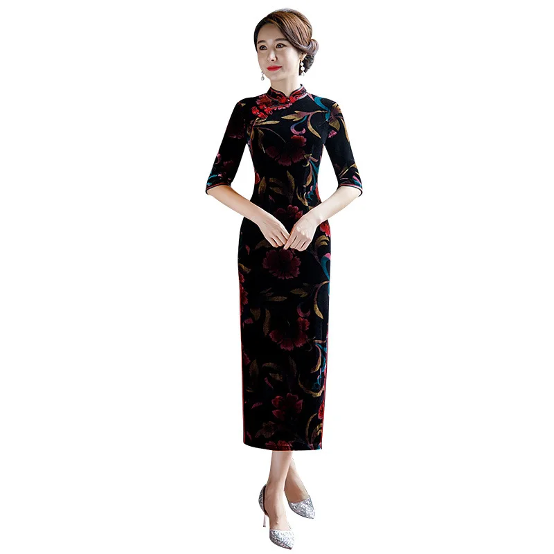 Новое шелковое платье черное платье для мамы, длина рукава, cheongsam для пожилых людей, шелковое винтажное платье, китайское традиционное