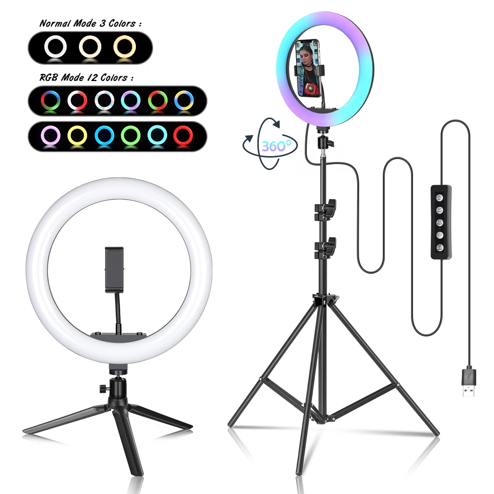 Polegada Rgb Anel Selfie Led Luz com Suporte Tripé Estúdio Fotografia Regulável Anel Lâmpadas para Telefone Youtube Maquiagem Vídeo Vlog 12