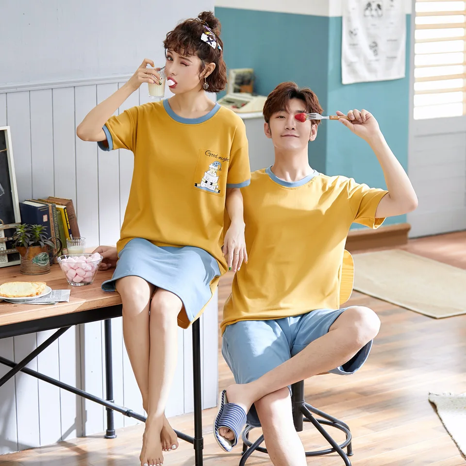 

New Style Couples Pajamas Pullover Summer Pure Cotton Comfortable Casual Short Sleeve Tracksuit Knitted Thin Two-Piece Set