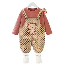 T shirt et salopette en coton pour fille et garçon, ensemble de 2 pièces, vêtements de sport décontractés, à la mode, pour enfants, automne 