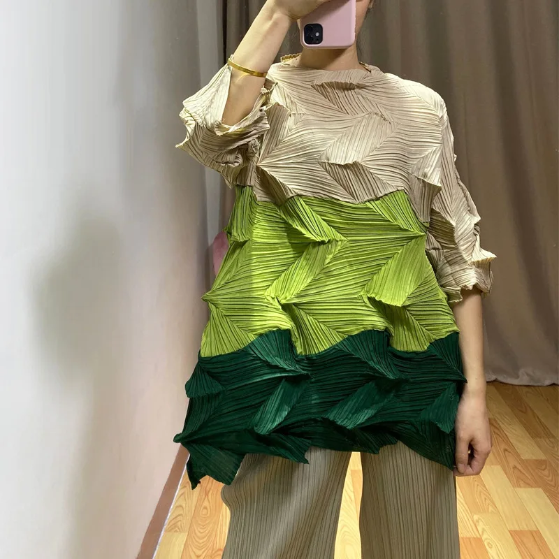Changpleat весна лето новые женские топы футболки Miyak плиссированные Модные свободные большие размеры 3/4 рукав Лоскутная женская футболка