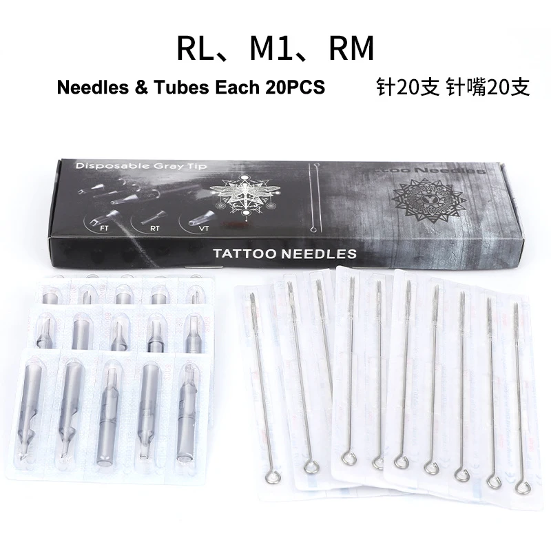 20Pcs Disposable 3/5/7/9/11 RL Sterile Nozzle Tips Tube &amp 316 Stainless Steel Needles For Tattoo Machine Gun Ink Cup - Цена: 261,65 - 314,75 руб. / набор