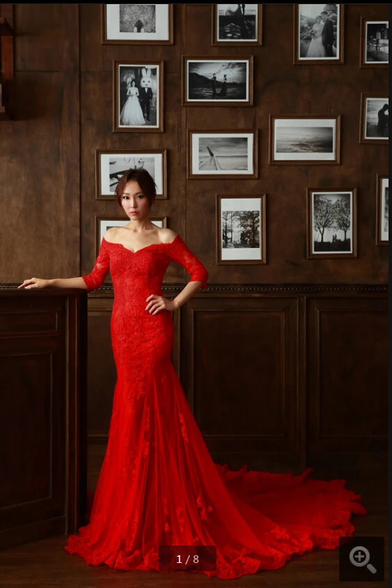 Vestido De Festa mermaid red tulle elegant evening dress appliques lace v neckline half sleeve modest sexy evening gowns