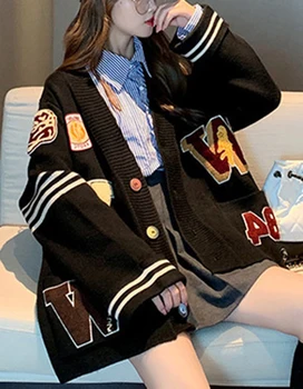 

Vintage Cardigan Sweater Cute Women Oversized 2020 Autumn And Winter Applique College Style Korean Jacket Knit Top Trend Net Red