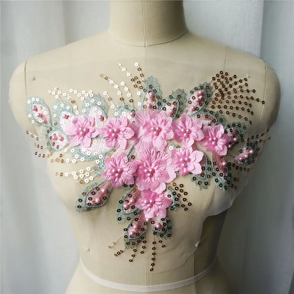 Pink Синяя, белая, красная, с блестками, кисточка, 3D цветок, кружевная ткань с бусинами, вышитые аппликации, воротник, пришить патч для свадебного украшения, платье DIY - Цвет: Pink