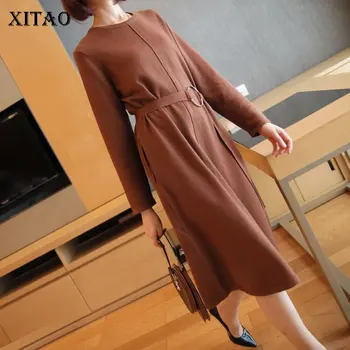 

XITAO Knitted Irregular Pleated Dress New Women Winter 2019 Full Sleeve Loose Pocket Straight Pullover Minority Dress MY1467