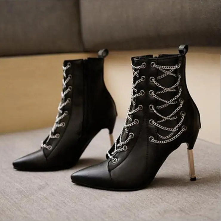 

High Quality Women Shoes Woman Short Ankle Boots Fashion Retro High Heels 2019 Autumn New Chain Casual Comfort Boots Booties X66
