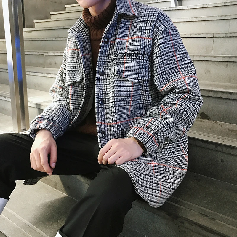 Autumn New Korean Plaid Wool Solid Color Lapel Men's Long Sleeve Pocket Harajuku Street Casual Shirt - Color: Ash lattice