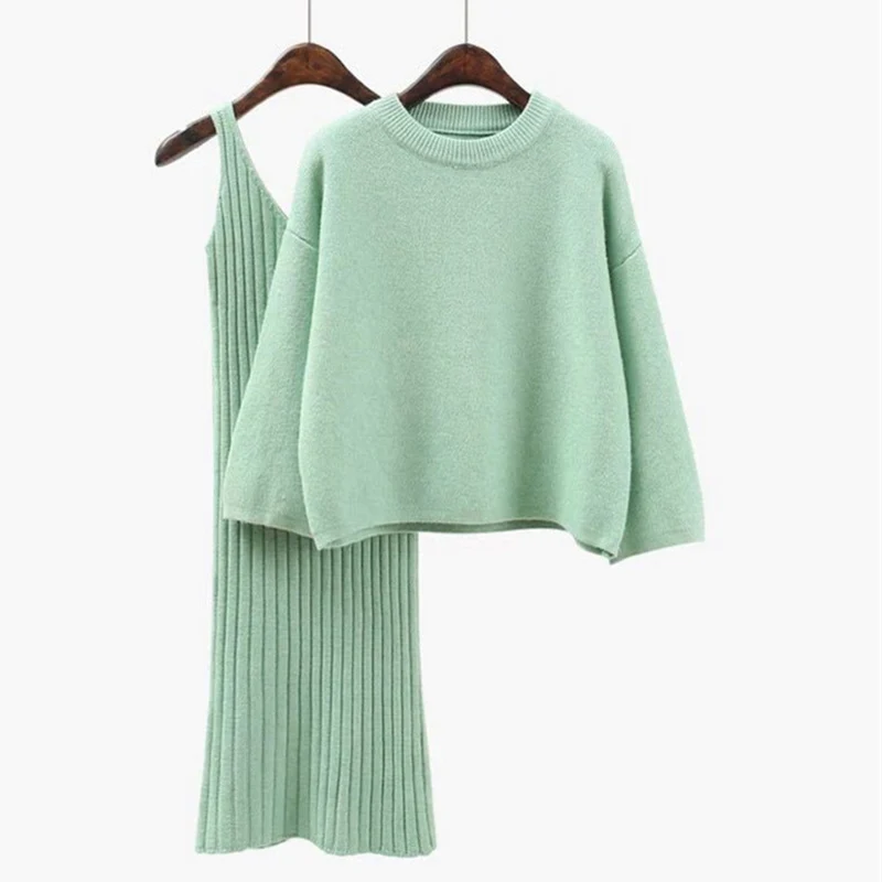 Rlyaeiz Autumn Spring Woman Skirts Suit Loosen Knitted 2 Piece Set Women Long Sleeve Pullover Sweater +Strap Dress Female Sets | Женская
