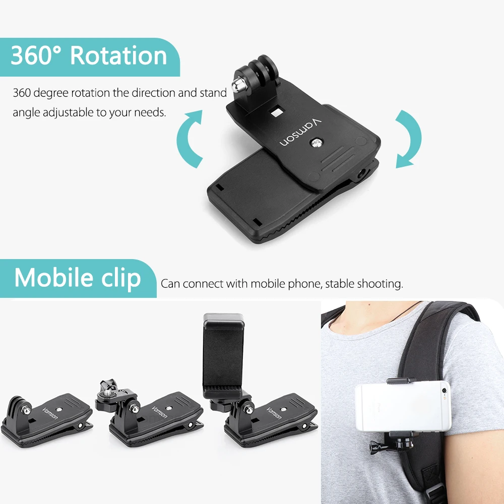 Backpack Clip Mount with Phone Holder Accessories for GoPro Hero 11 10 9 8 7 6 5 Black Akaso Sony Action Camera and iPhone Samsung Smartphones,outdoor