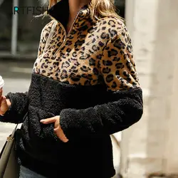 Теплые осенние 2019 женские толстовки с карманами Леопардовый принт молнии плюшевый пуховой свитер с отложным воротником женские осенние