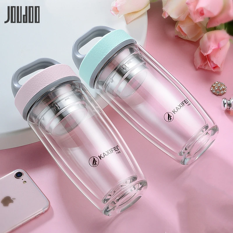 

JOUDOO 320/350/450ML High Quality Glass Water Bottle With Tea Infuser Portable Handle Sports Bottle Outside Glass Cup Teapot