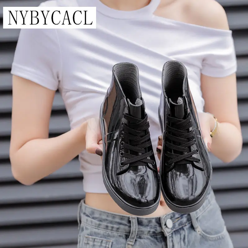 

Fashion New Arrival Sewing Waterproof Flat With Shoes Woman Rain Woman Water Rubber Ankle Boots Cross-tied anti-slip Botas