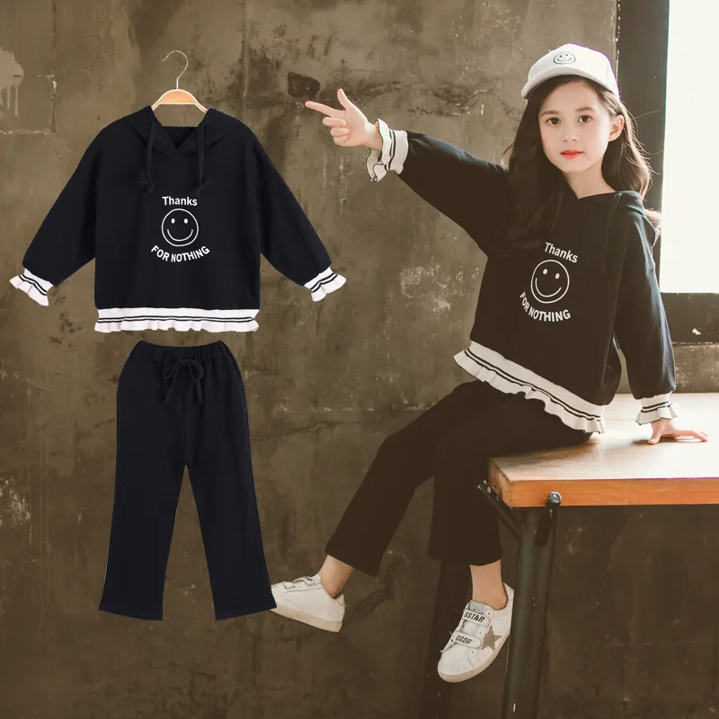 

Childrenswear 2019 Autumn New Style Korean-style Girls Lettered Smiley Set Children Hoodie Two-Piece Set
