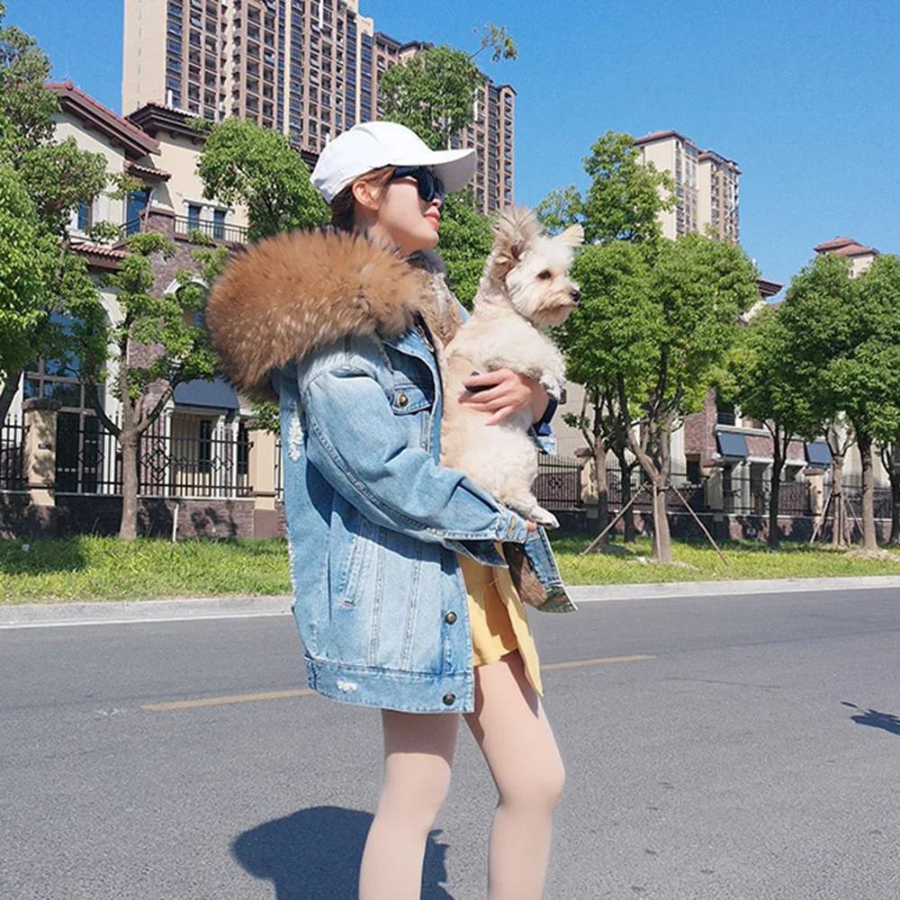 2020 new ripped denim pie overcoming rabbit fur