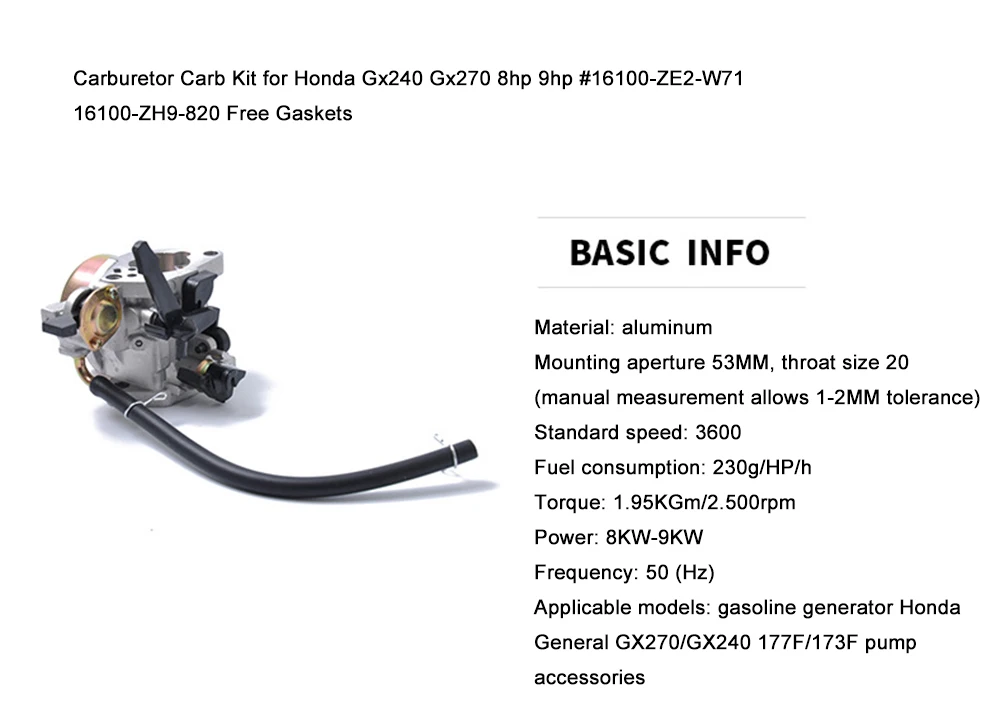 Carburetor Carb Kit For Honda Gx240 Gx270 8hp 9hp#16100-ZE2-W71 16100-ZH9-820 Free Gaskets