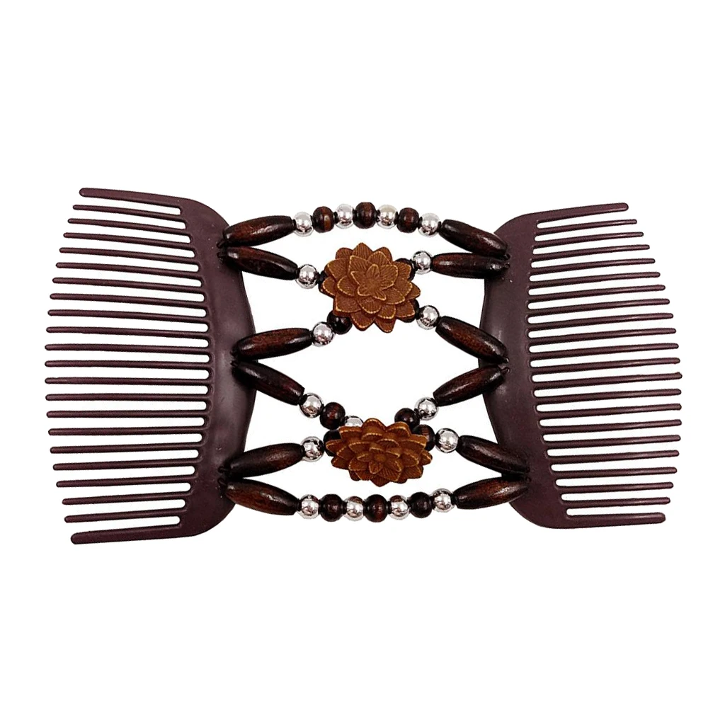 Double Stretch Hair Combs Woman With Wood Beads Vintaje Woman Lady Elastic Clip