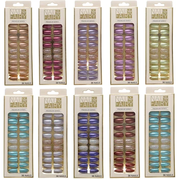 

Fake Nails with Glue Metal Color False Nail Art Tips Press on Coffin Stick Designs Clear Set Full Cover Artificial Short Kiss