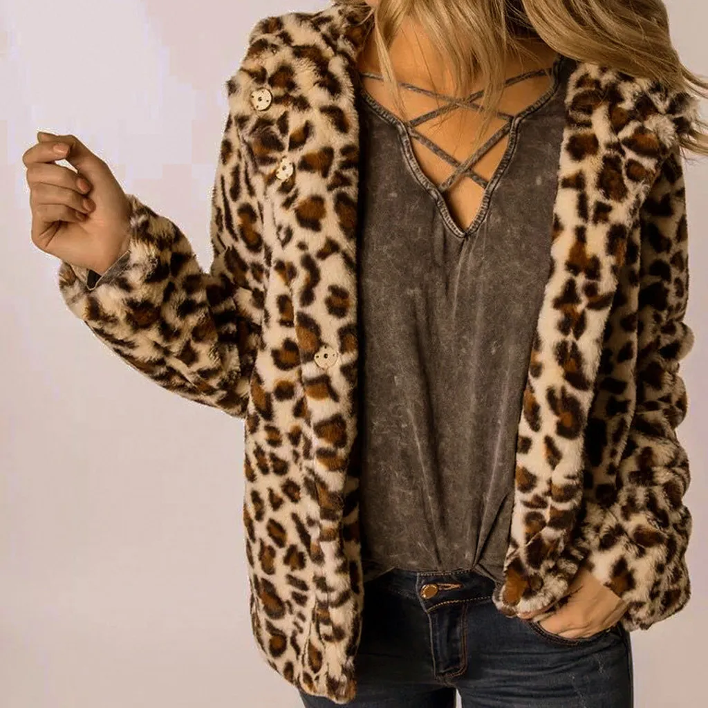 Leopard Coat Women Teddy Coat Autumn Hooded Fluffy Plush Winter Faux Fur Jacket Coat Women Plus Size Overcoat Top Coats##g 2