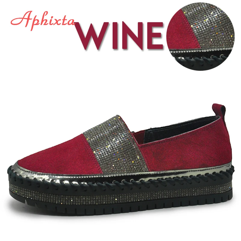 Wine red Aphixta/замшевая кожаная обувь; женская обувь на плоской подошве с разноцветными кристаллами; обувь на плоской подошве без застежки ручной работы; женская обувь на платформе - Цвет: Wine red