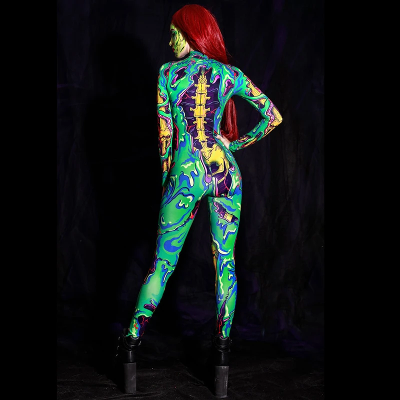 Zombie Costume Skeleton Halloween Costumes for Women Adult Green Bodysuit Plus Size Scary Sexy Bodysuit Carnival Party