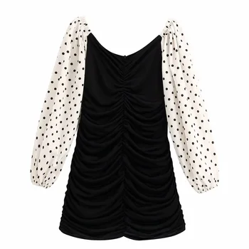 

Bska Women's 2020 Spring New Borka Dot Puff Sleeve Dress Simple Collar Puff Sleeve Waist Thin Waist Stitching Knit Mini Dress
