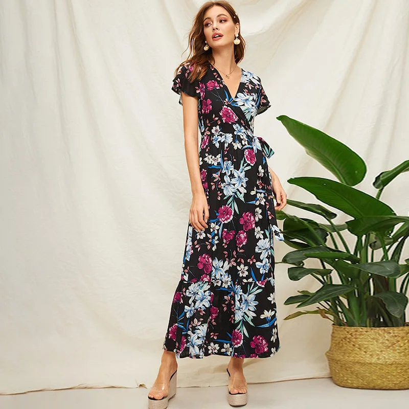 Женское богемное Платье на шнуровке платье с высокой талией оборками рукавах