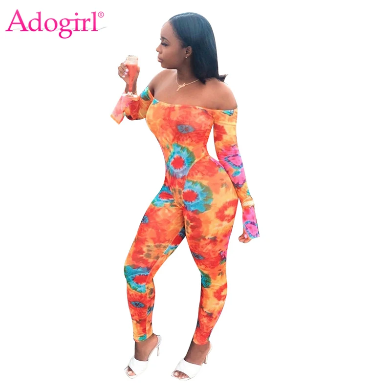 Adogirl с принтом Tie Dye, с открытыми плечами, женский сексуальный комбинезон, с вырезом лодочкой, с длинным Расклешенным рукавом, Облегающий комбинезон, модные комбинезоны для ночного клуба